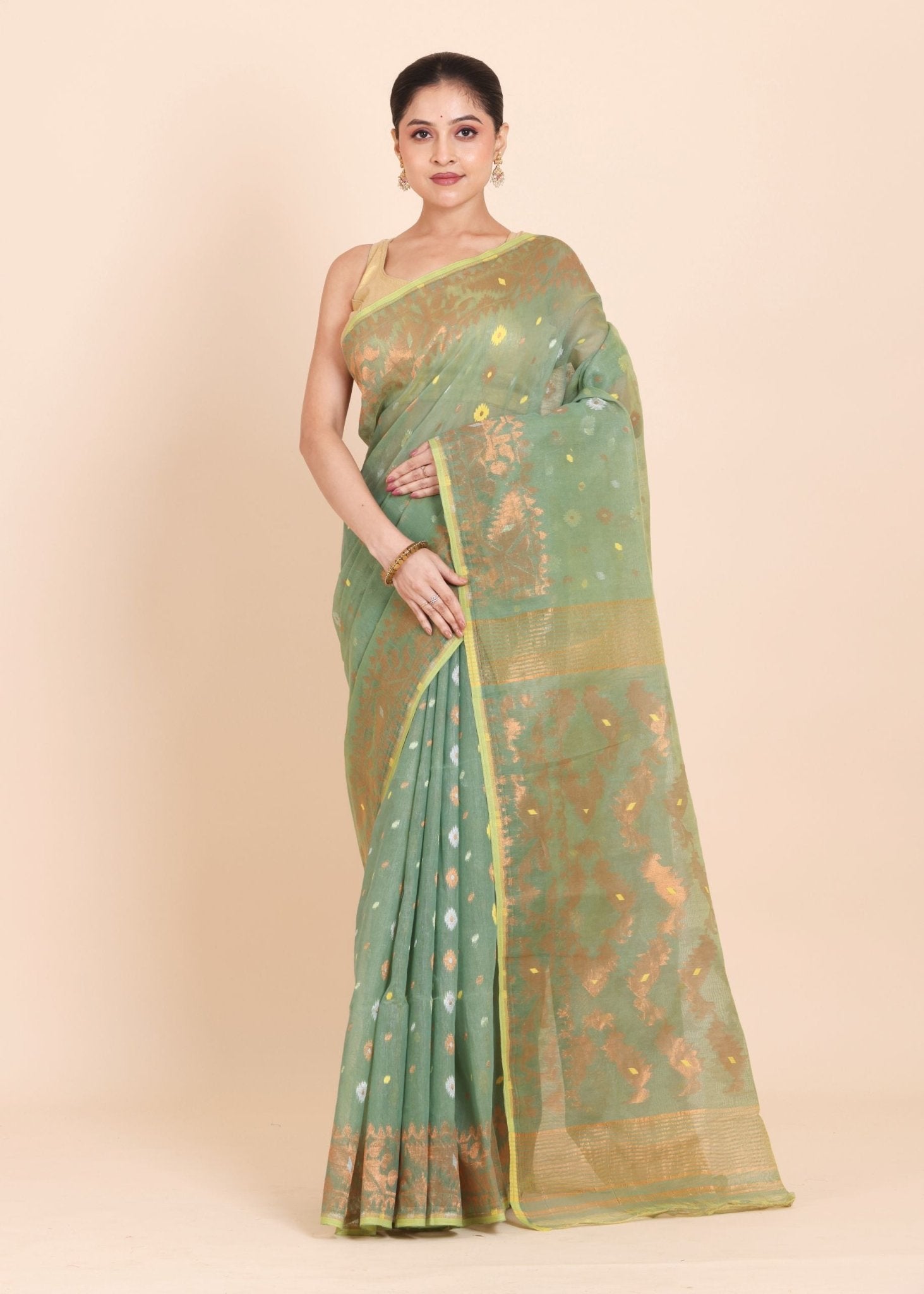 Sea Green Dhakai Jamdani Saree with allover Coper and Gold weaving work - Anvi Couture