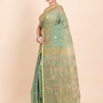 Sea Green Dhakai Jamdani Saree with allover Coper and Gold weaving work - Anvi Couture