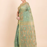 Sea Green Dhakai Jamdani Saree with allover Coper and Gold weaving work - Anvi Couture