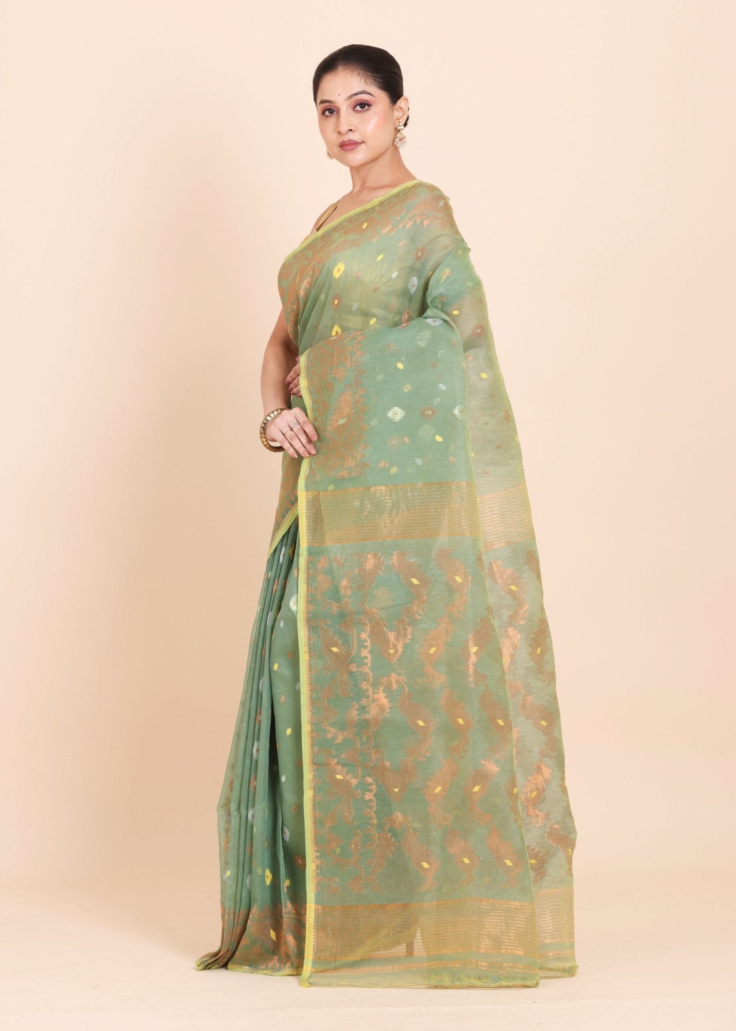 Sea Green Dhakai Jamdani Saree with allover Coper and Gold weaving work - Anvi Couture