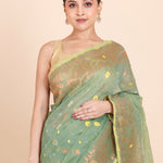 Sea Green Dhakai Jamdani Saree with allover Coper and Gold weaving work - Anvi Couture