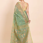 Sea Green Dhakai Jamdani Saree with allover Coper and Gold weaving work - Anvi Couture