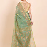 Sea Green Dhakai Jamdani Saree with allover Coper and Gold weaving work - Anvi Couture