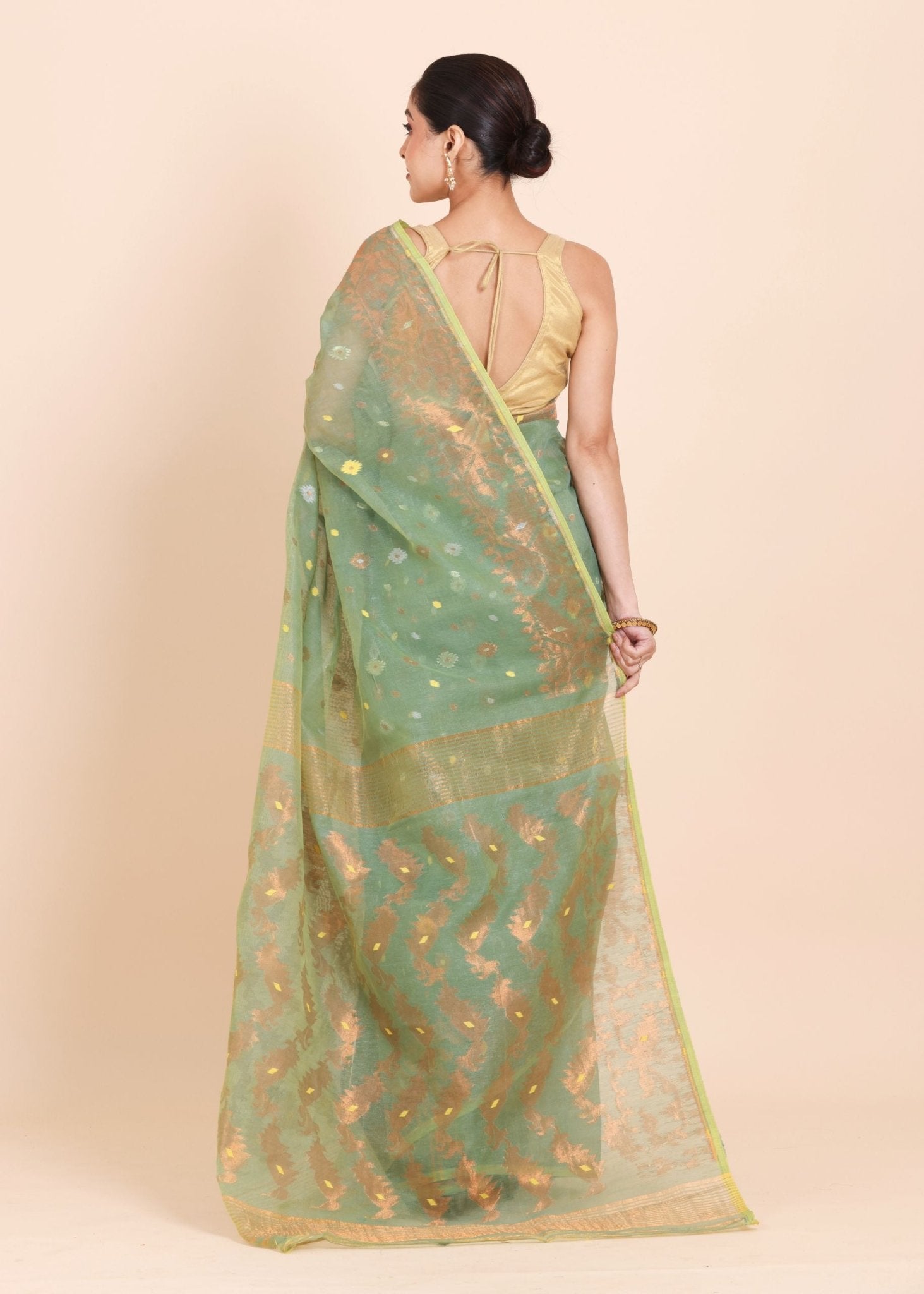 Sea Green Dhakai Jamdani Saree with allover Coper and Gold weaving work - Anvi Couture