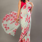 Sea Green Greorgette Saree With Pink Floral Prints - Anvi Couture