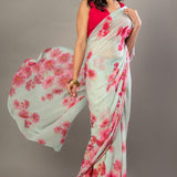Sea Green Greorgette Saree With Pink Floral Prints - Anvi Couture