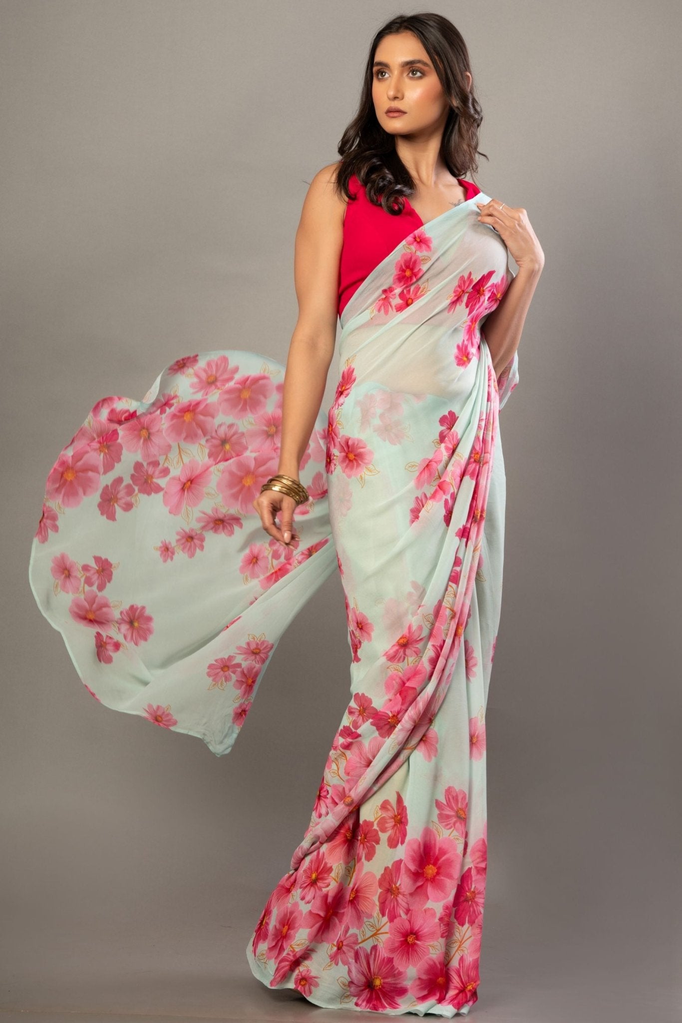 Sea Green Greorgette Saree With Pink Floral Prints - Anvi Couture