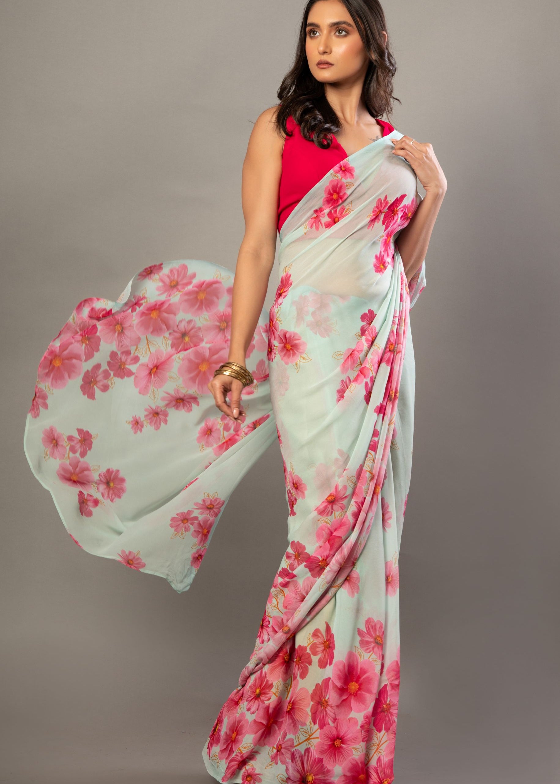 Sea Green Georgette Saree With Pink Floral Prints 4
