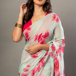 Sea Green Greorgette Saree With Pink Floral Prints - Anvi Couture