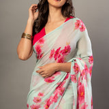 Sea Green Greorgette Saree With Pink Floral Prints - Anvi Couture