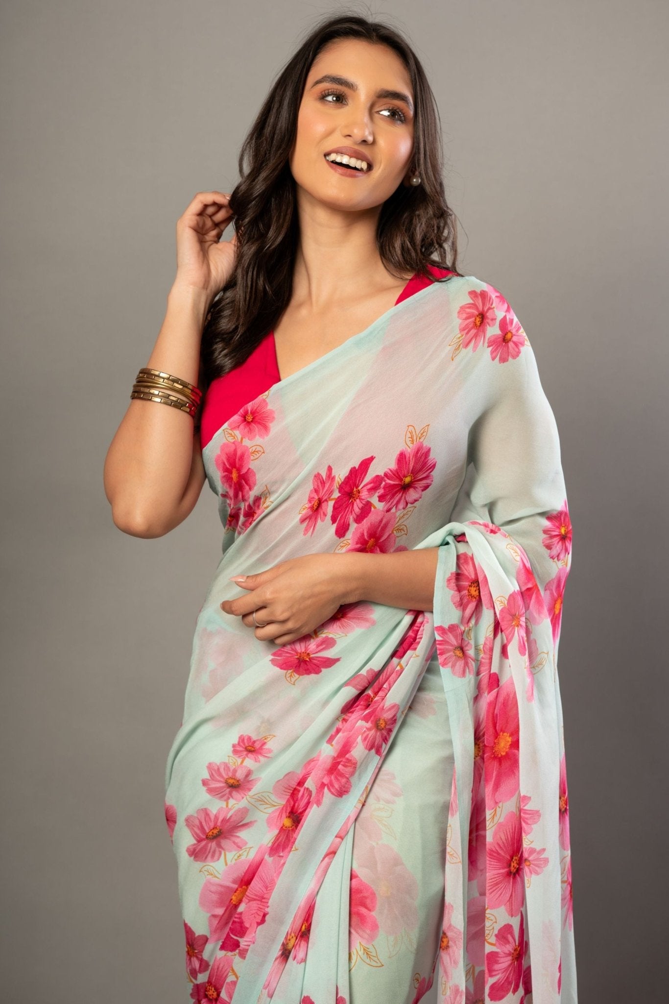 Sea Green Greorgette Saree With Pink Floral Prints - Anvi Couture