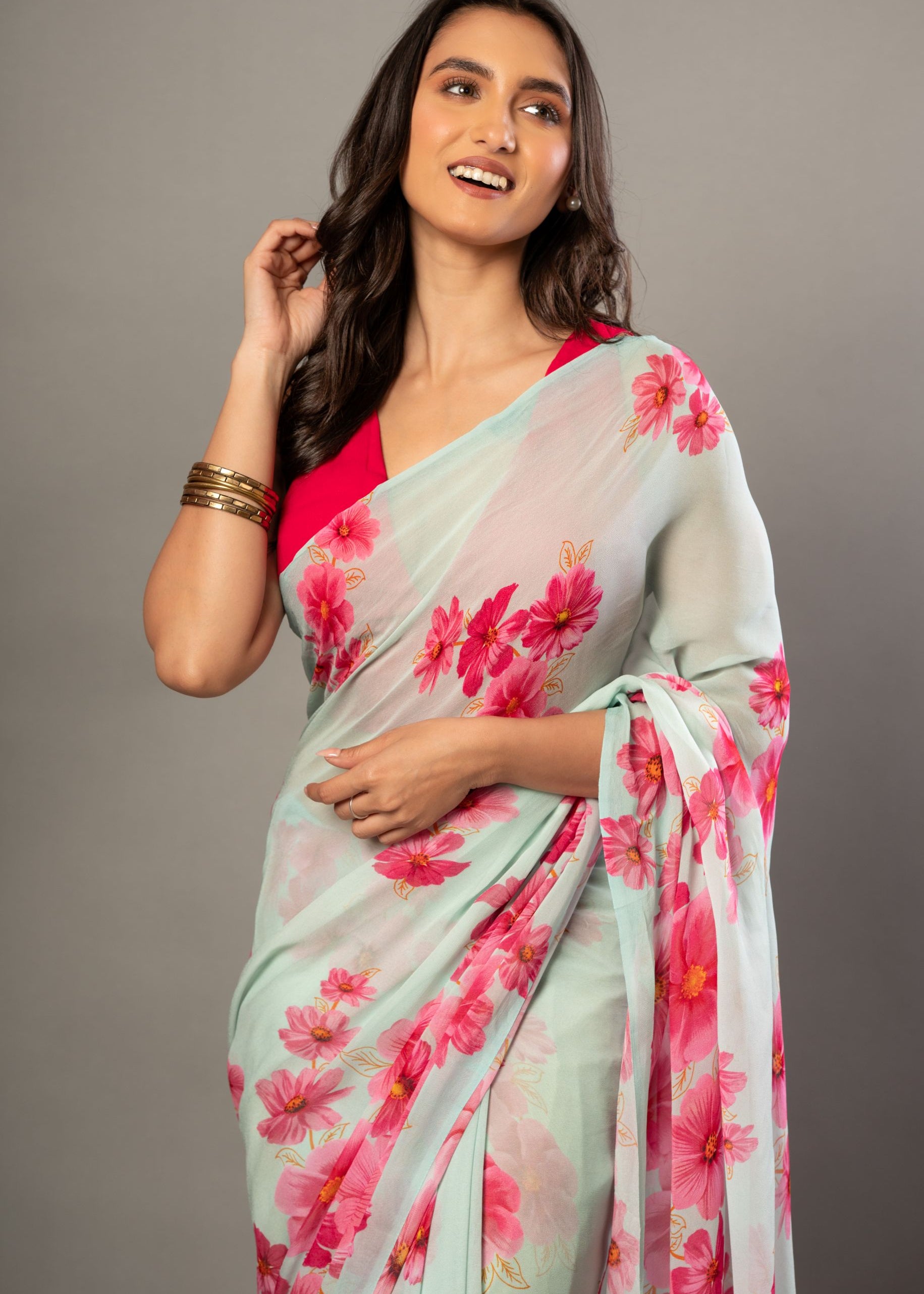 Sea Green Greorgette Saree With Pink Floral Prints 3
