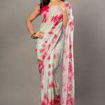 Sea Green Greorgette Saree With Pink Floral Prints - Anvi Couture