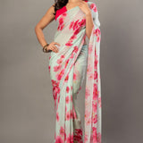 Sea Green Greorgette Saree With Pink Floral Prints - Anvi Couture