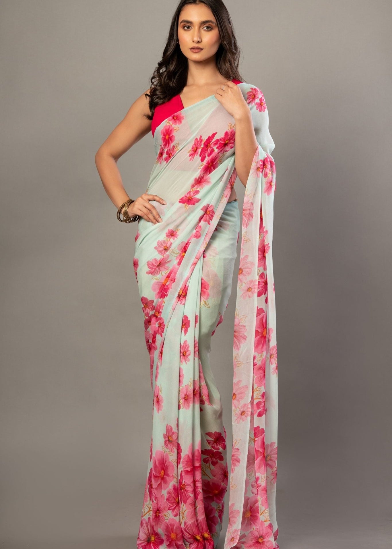 Sea Green Greorgette Saree With Pink Floral Prints - Anvi Couture