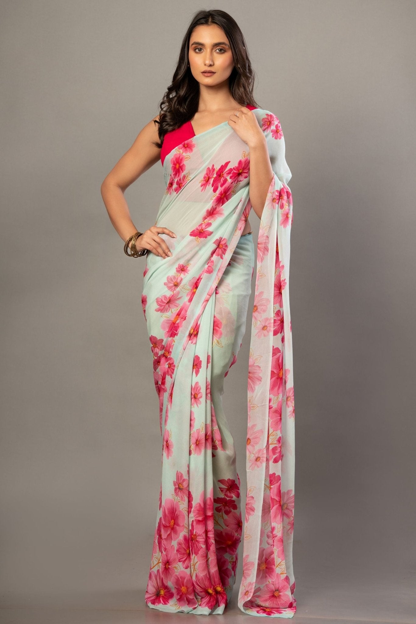 Sea Green Greorgette Saree With Pink Floral Prints - Anvi Couture