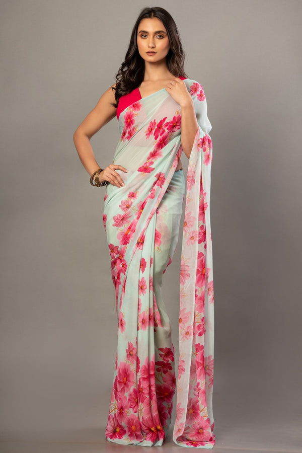 Sea Green Greorgette Saree With Pink Floral Prints - Anvi Couture