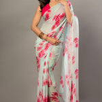 Sea Green Greorgette Saree With Pink Floral Prints - Anvi Couture