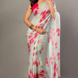 Sea Green Greorgette Saree With Pink Floral Prints - Anvi Couture