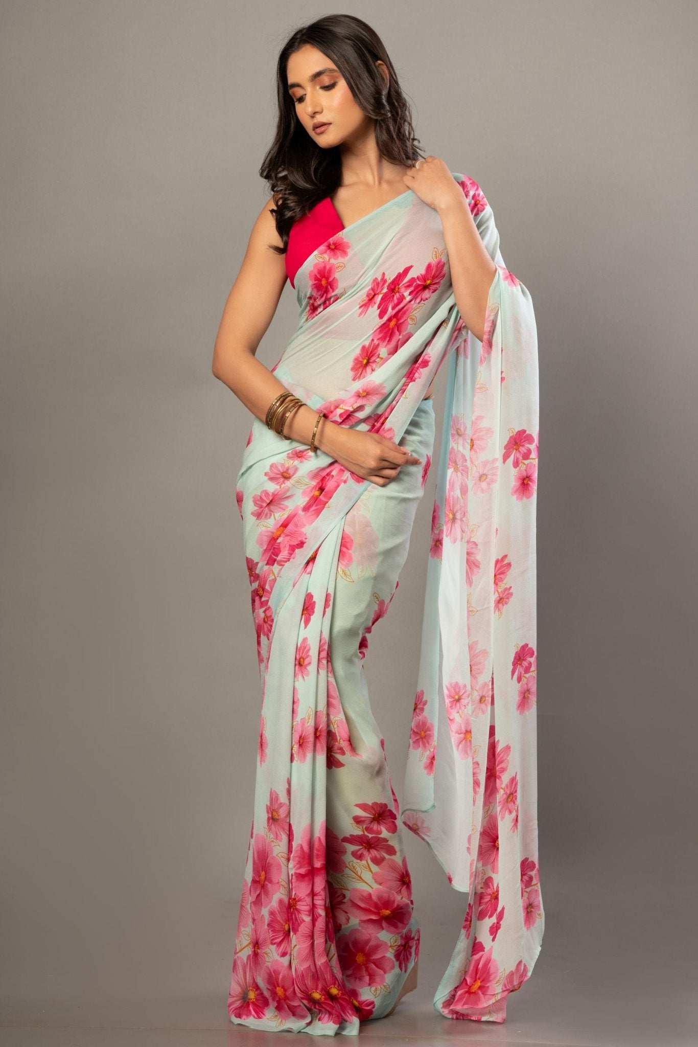 Sea Green Greorgette Saree With Pink Floral Prints - Anvi Couture