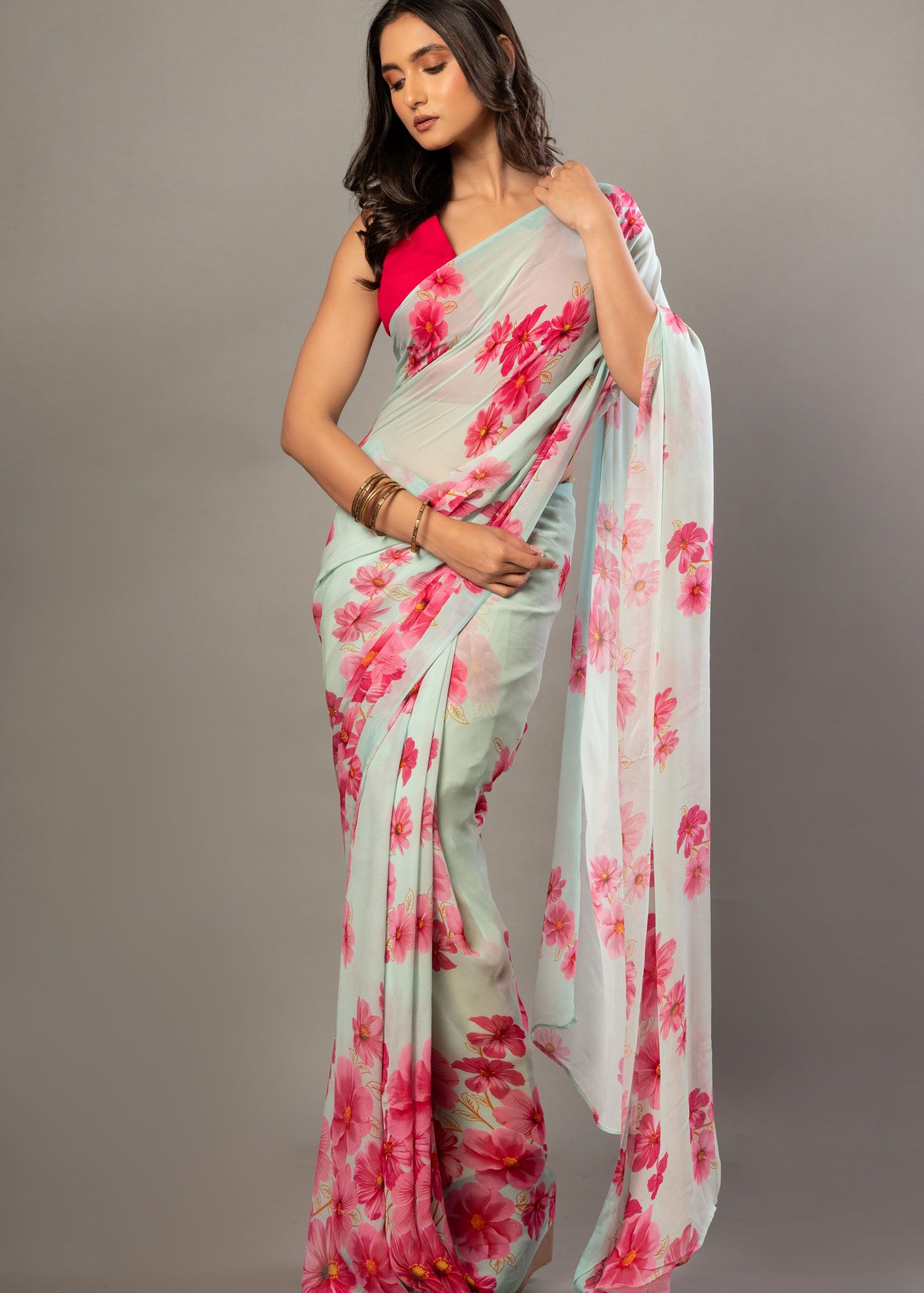 Sea Green Georgette Saree With Pink Floral Prints 2
