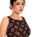 Side profile of black Ajrakh cotton boat neck blouse showing silhouette and sleeve length