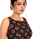 Side profile of black Ajrakh cotton boat neck blouse showing silhouette and sleeve length