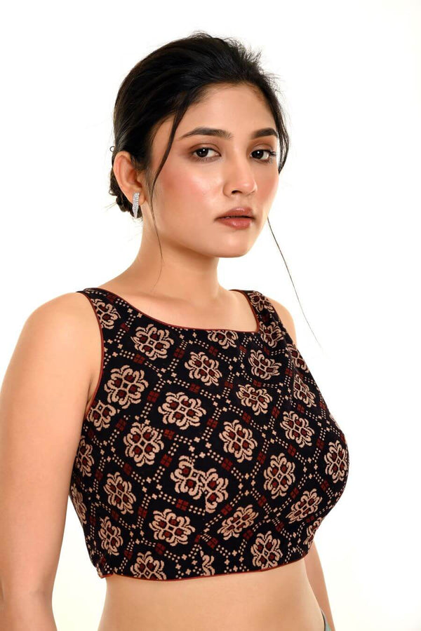 Side profile of black Ajrakh cotton boat neck blouse showing silhouette and sleeve length