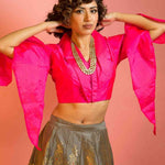 Banarasi Silk Skirt and Hot Pink Top with V-Neckline - Anvi Couture