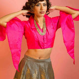 Banarasi Silk Skirt and Hot Pink Top with V-Neckline - Anvi Couture