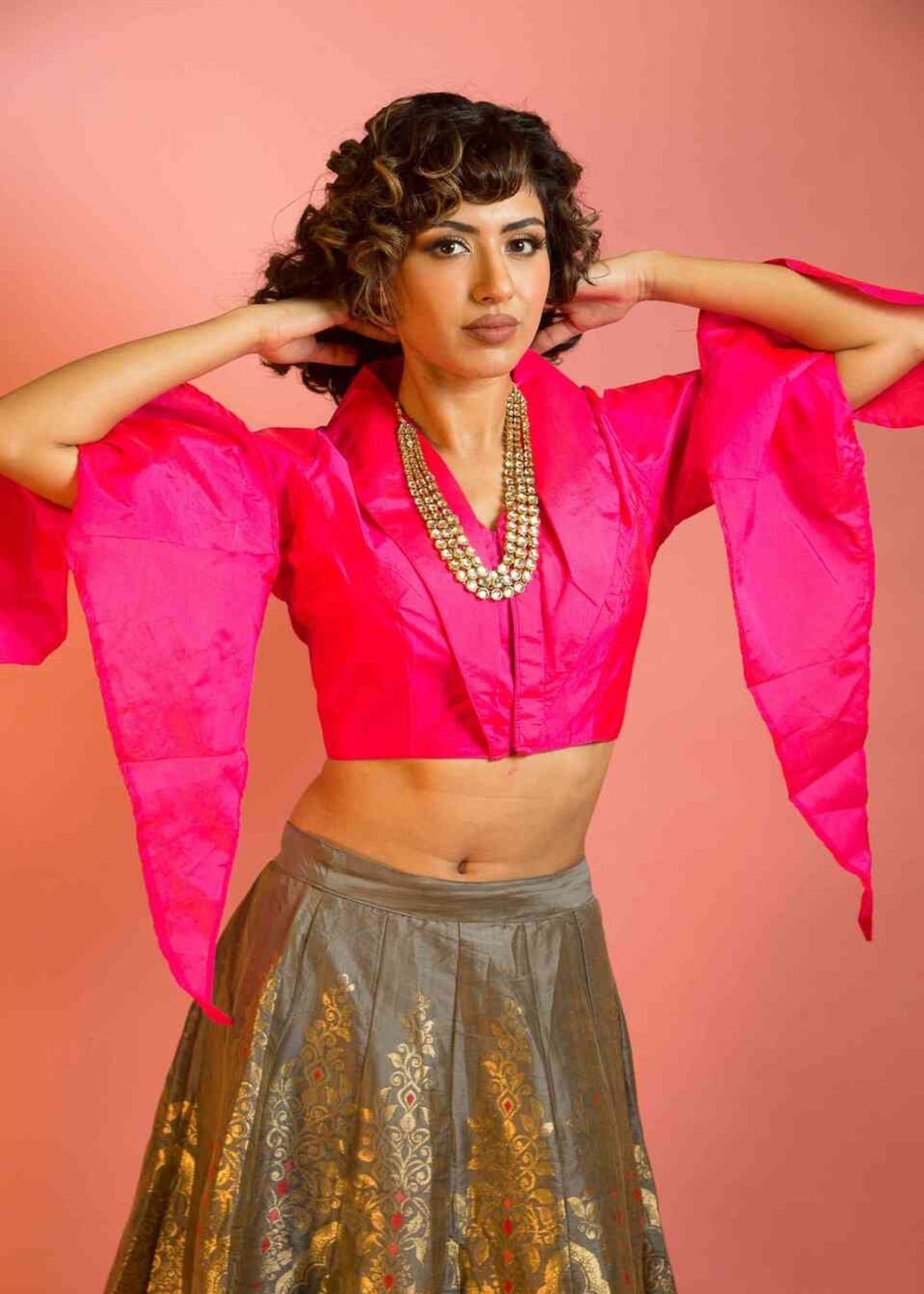 Banarasi Silk Skirt and Hot Pink Top with V-Neckline - Anvi Couture