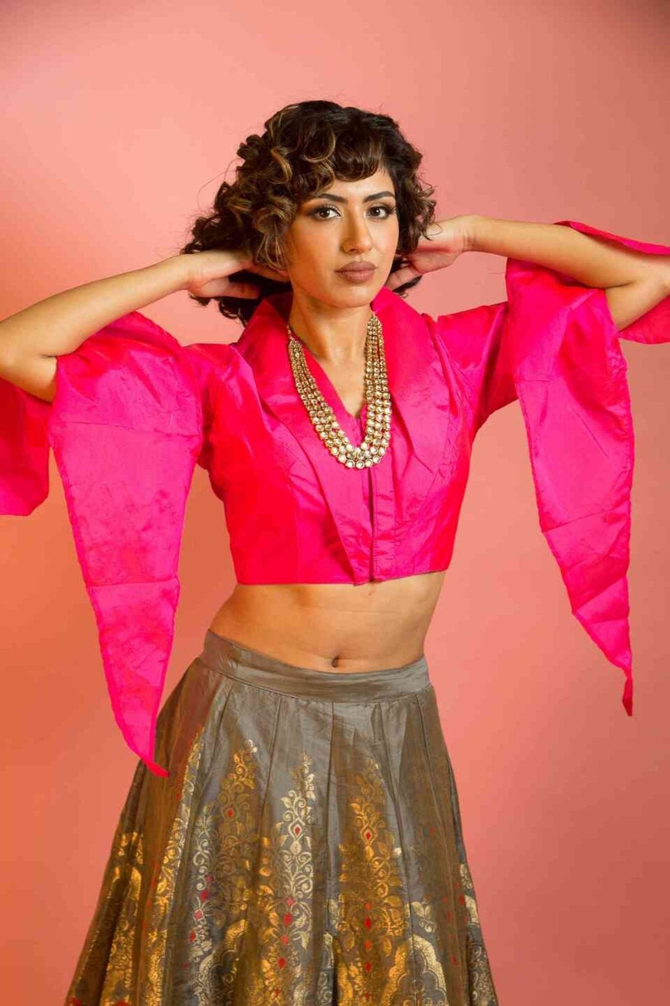 Banarasi Silk Skirt and Hot Pink Top with V-Neckline - Anvi Couture