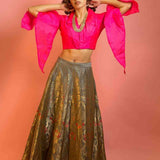 Banarasi Silk Skirt and Hot Pink Top with V-Neckline - Anvi Couture