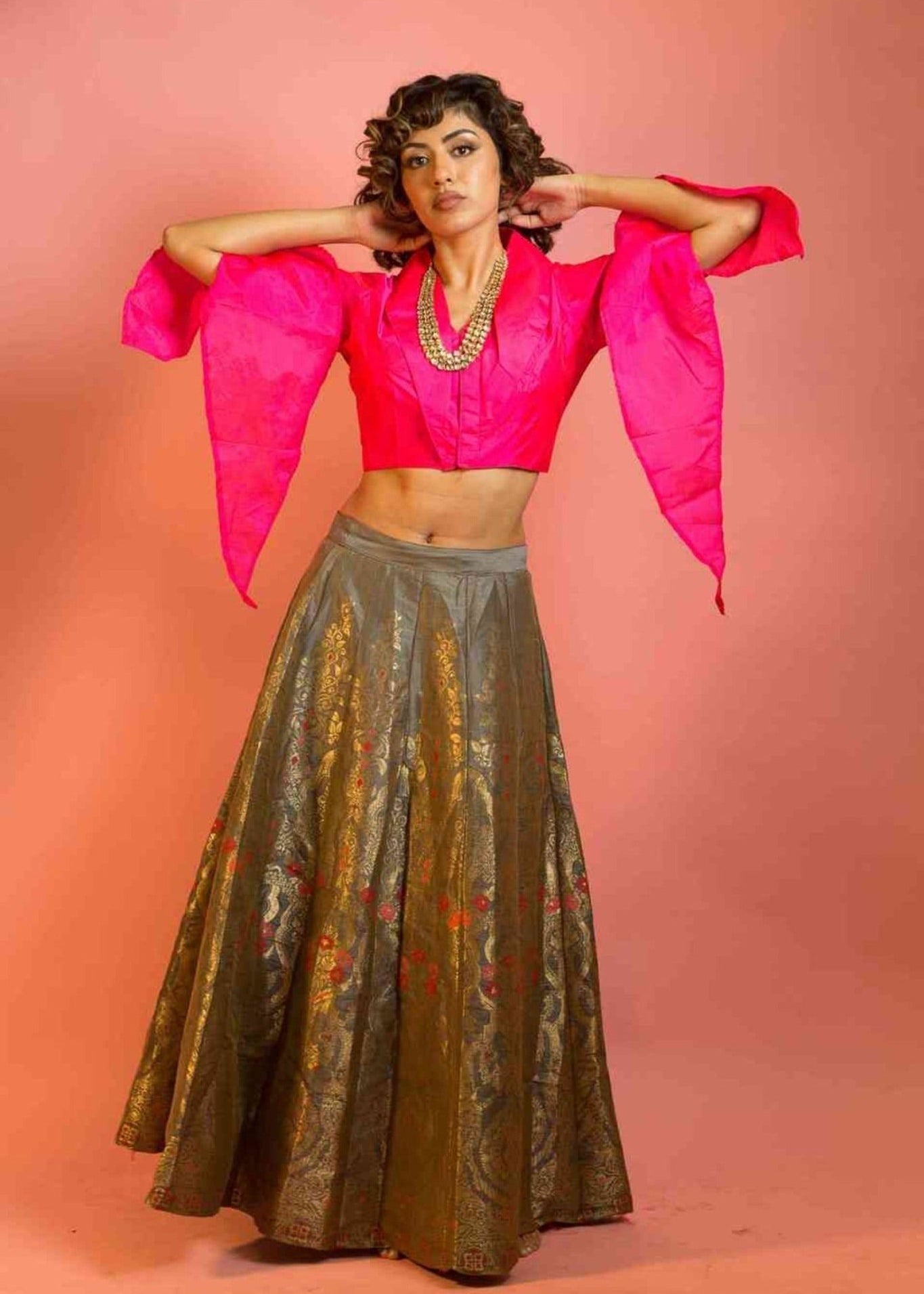 Banarasi Silk Skirt and Hot Pink Top with V-Neckline - Anvi Couture