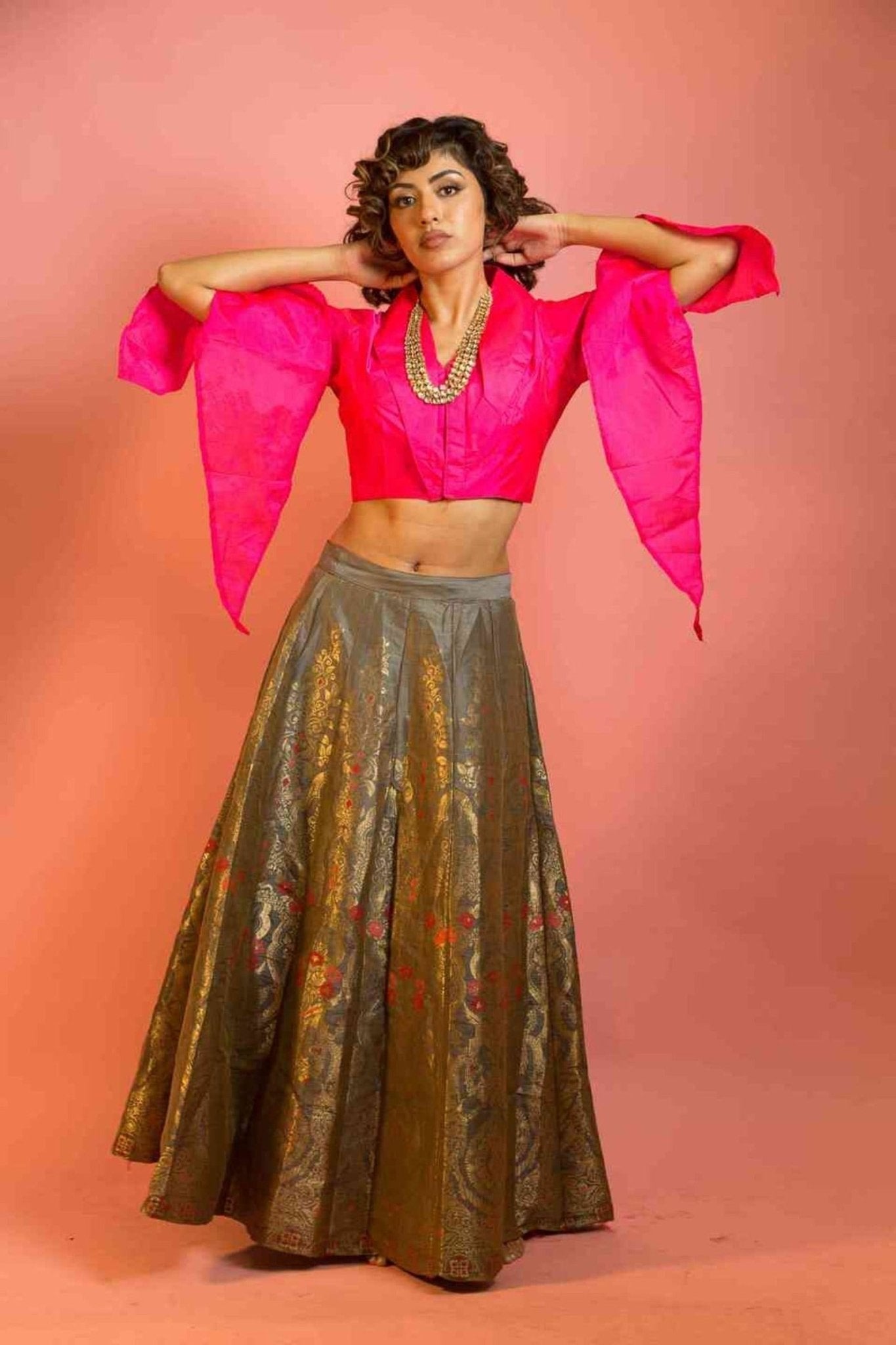 Banarasi Silk Skirt and Hot Pink Top with V-Neckline - Anvi Couture