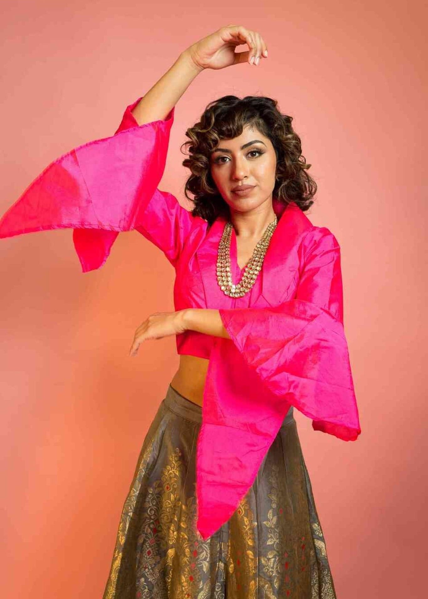 Banarasi Silk Skirt and Hot Pink Top with V-Neckline - Anvi Couture