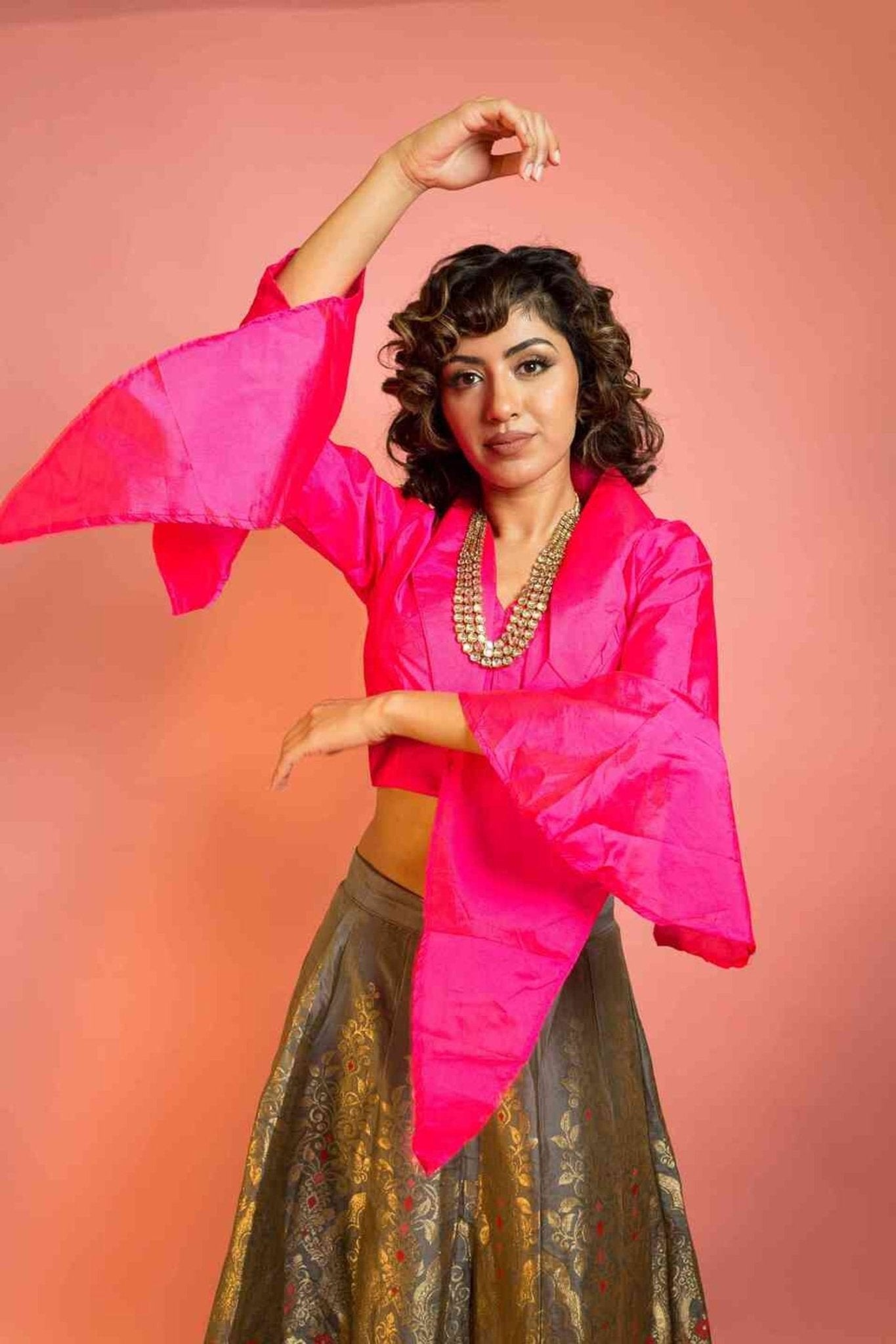 Banarasi Silk Skirt and Hot Pink Top with V-Neckline - Anvi Couture