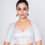 Silver Half Sleeves Queen Anne Neck Tissue Silk Blouse - Anvi Couture