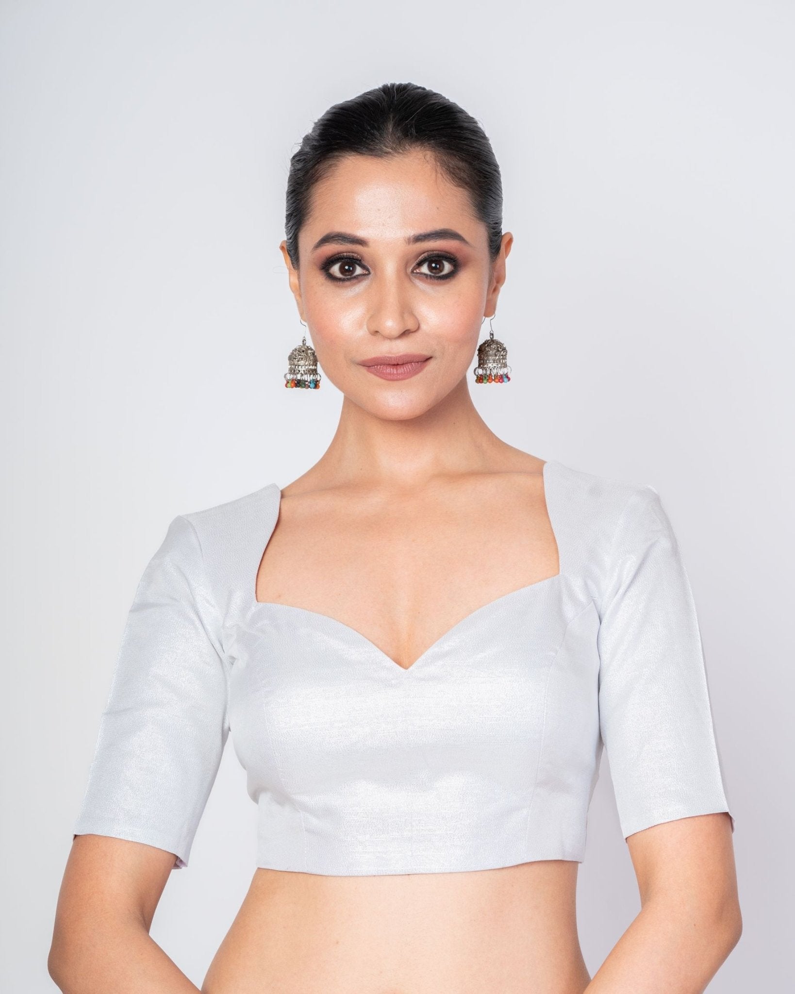 Silver Half Sleeves Queen Anne Neck Tissue Silk Blouse - Anvi Couture