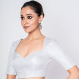 Silver Half Sleeves Queen Anne Neck Tissue Silk Blouse - Anvi Couture
