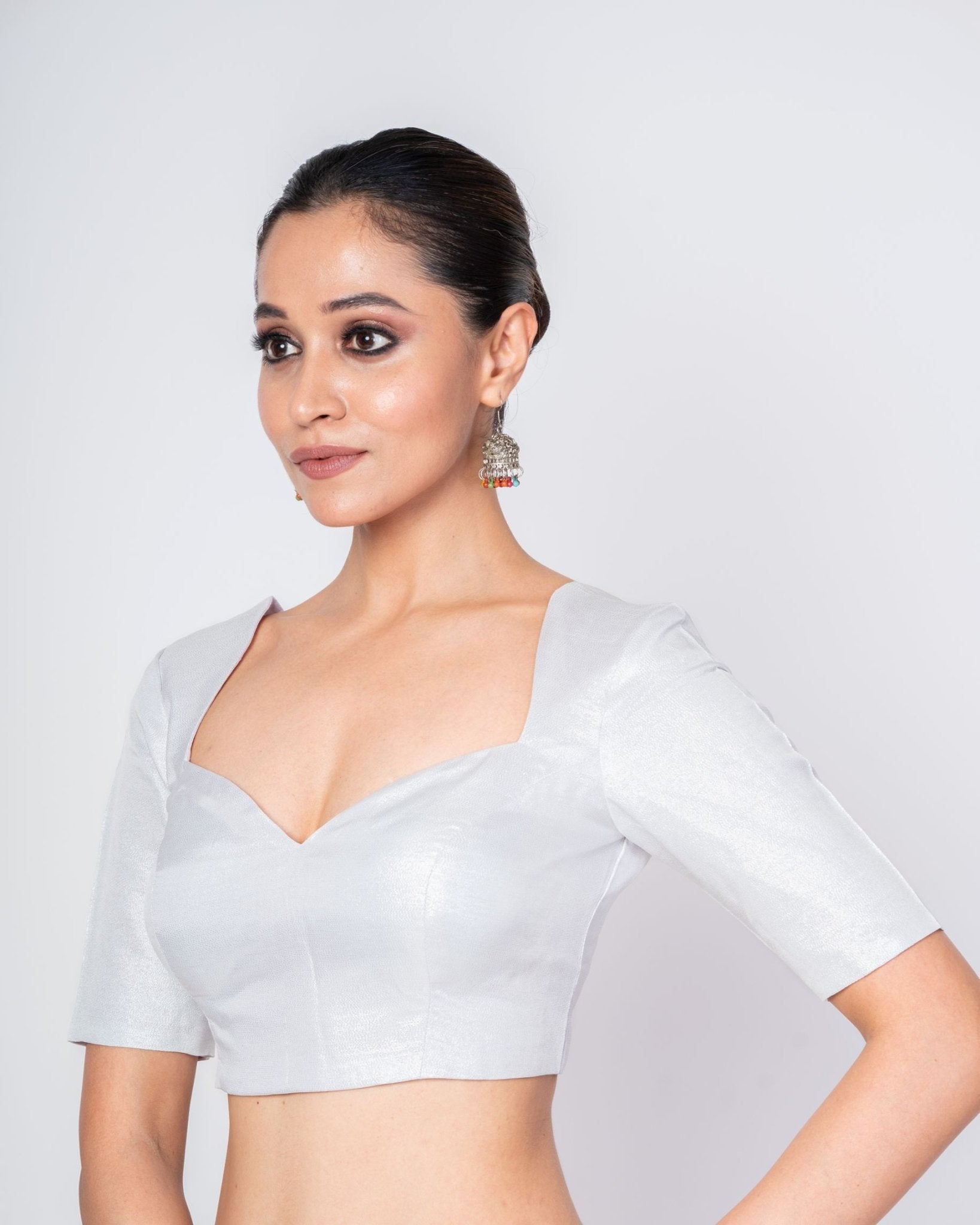 Silver Half Sleeves Queen Anne Neck Tissue Silk Blouse - Anvi Couture