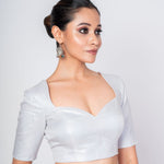 Silver Half Sleeves Queen Anne Neck Tissue Silk Blouse - Anvi Couture