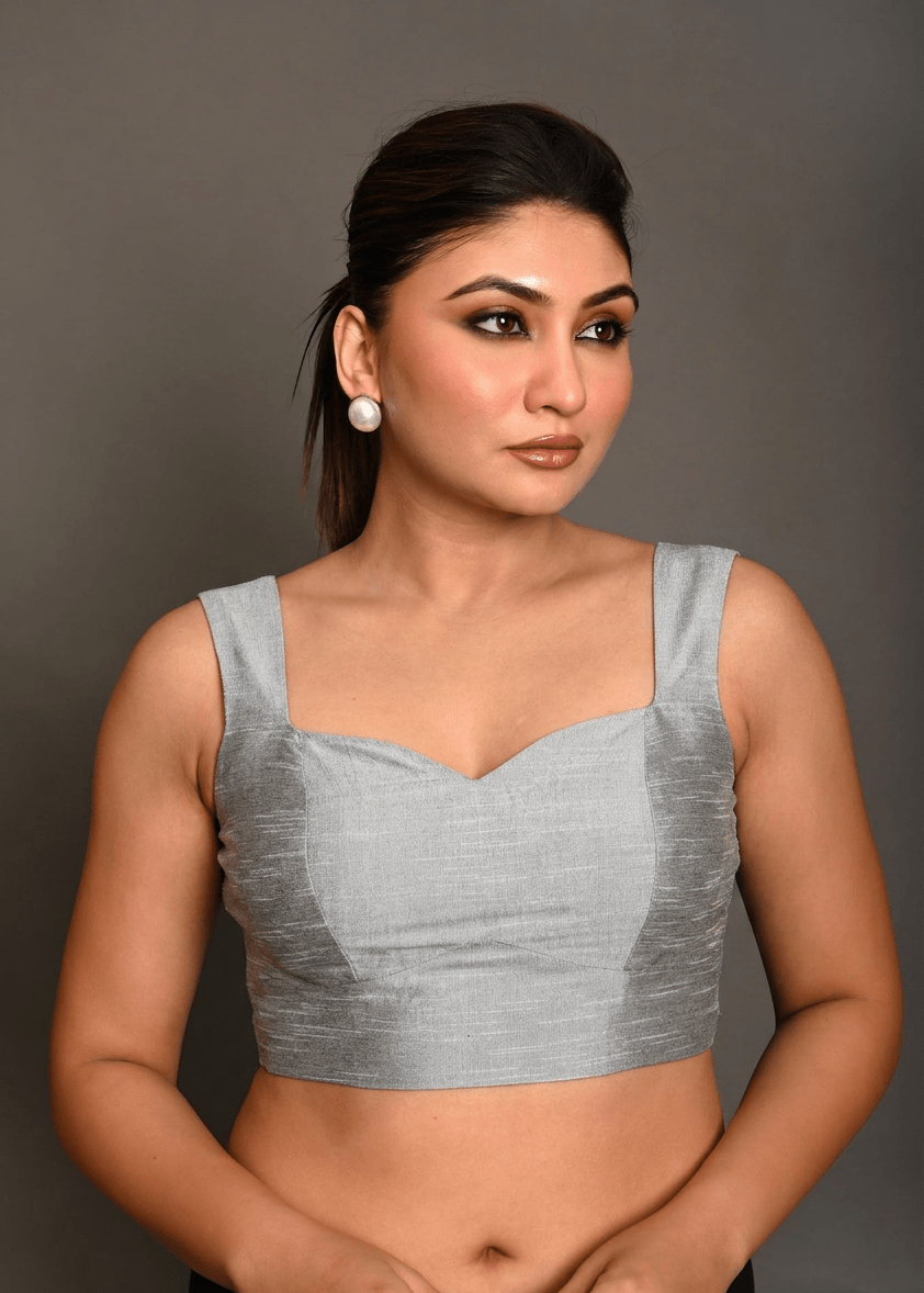 Silver Raw Silk Sleeveless Blouse - Anvi Couture