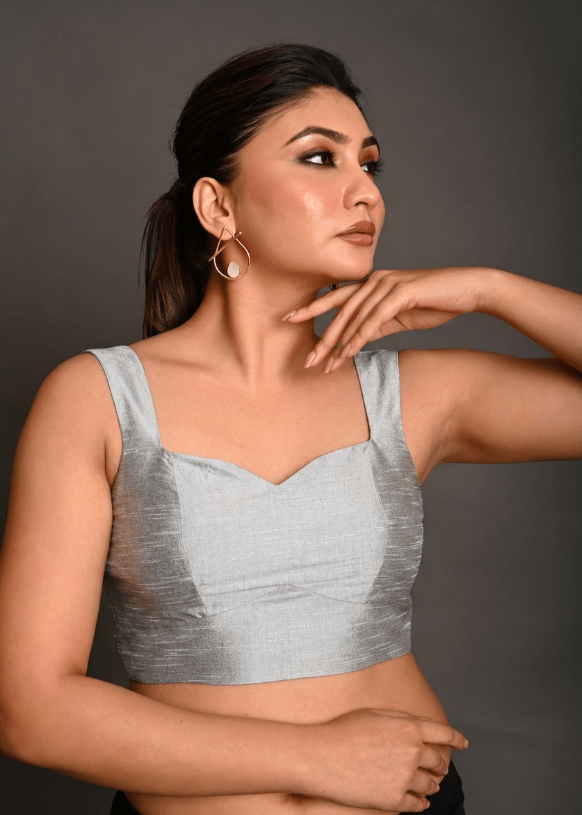 Silver Raw Silk Sleeveless Blouse - Anvi Couture