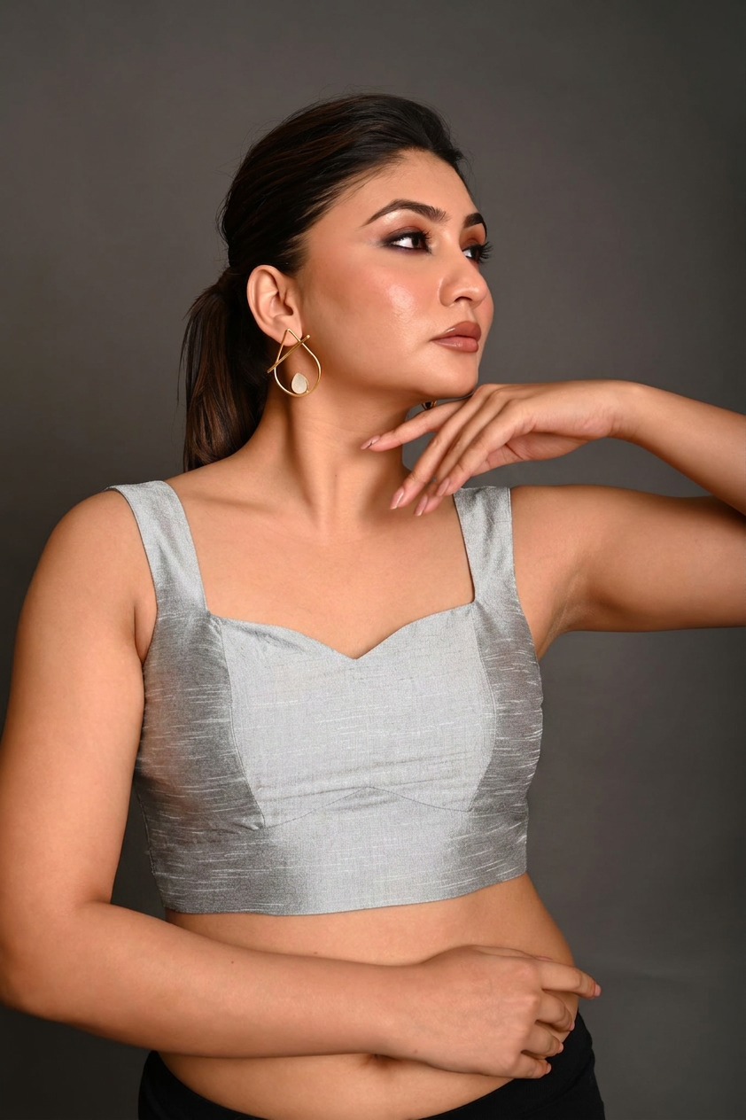 Silver Raw Silk Sleeveless Blouse front