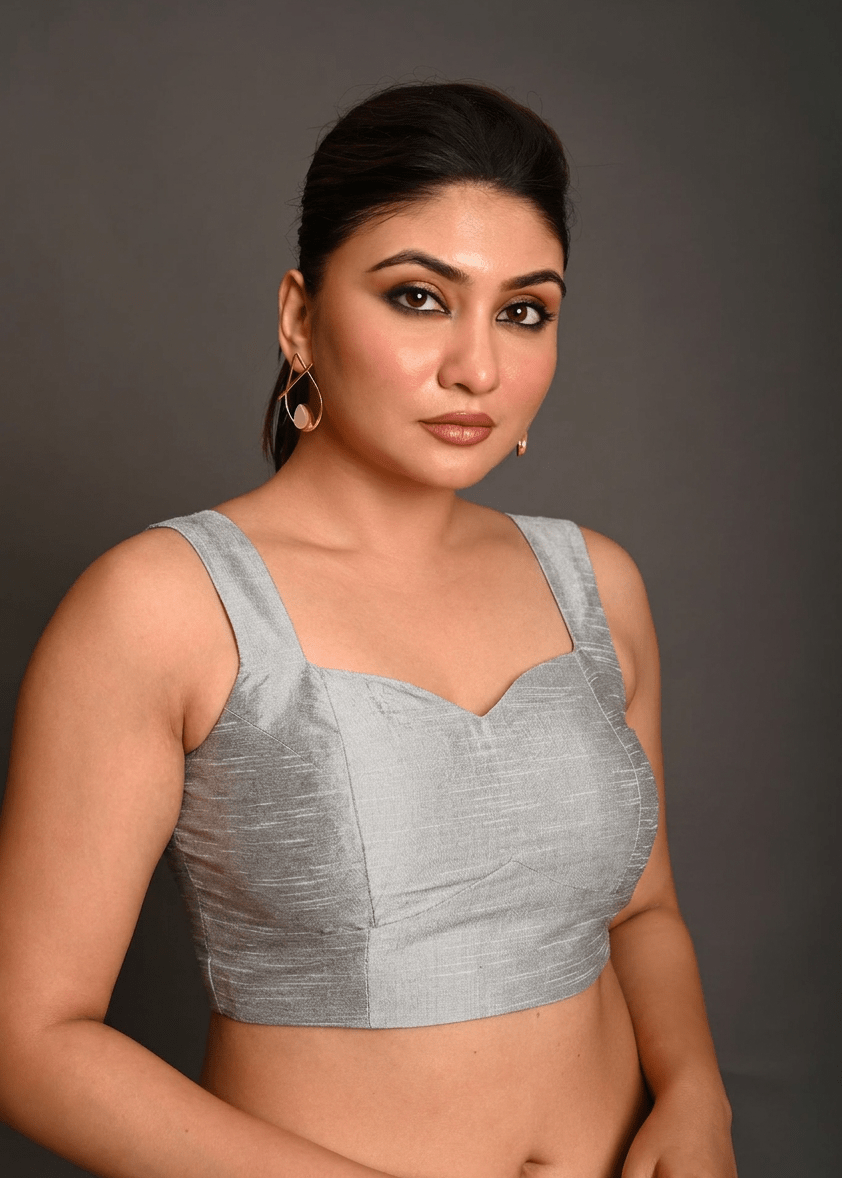 Silver Raw Silk Sleeveless Blouse - Anvi Couture
