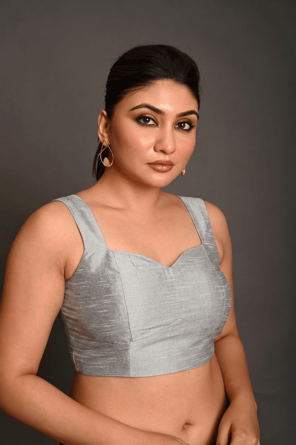 Silver Raw Silk Sleeveless Blouse - Anvi Couture