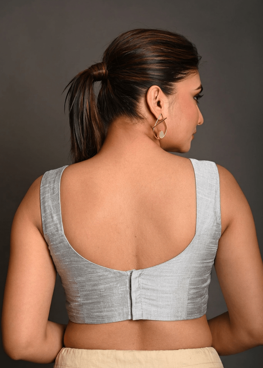 Silver Raw Silk Sleeveless Blouse - Anvi Couture