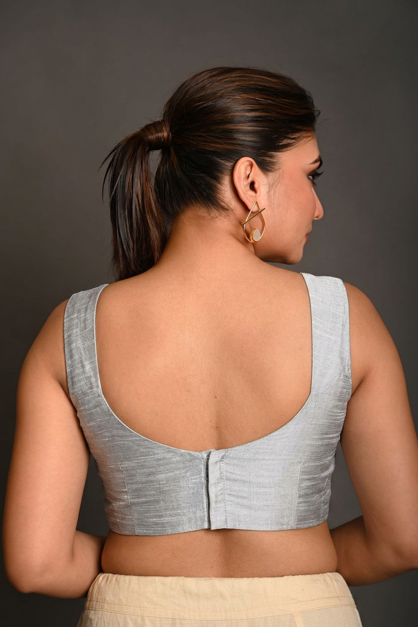 Silver Raw Silk Sleeveless Blouse back
