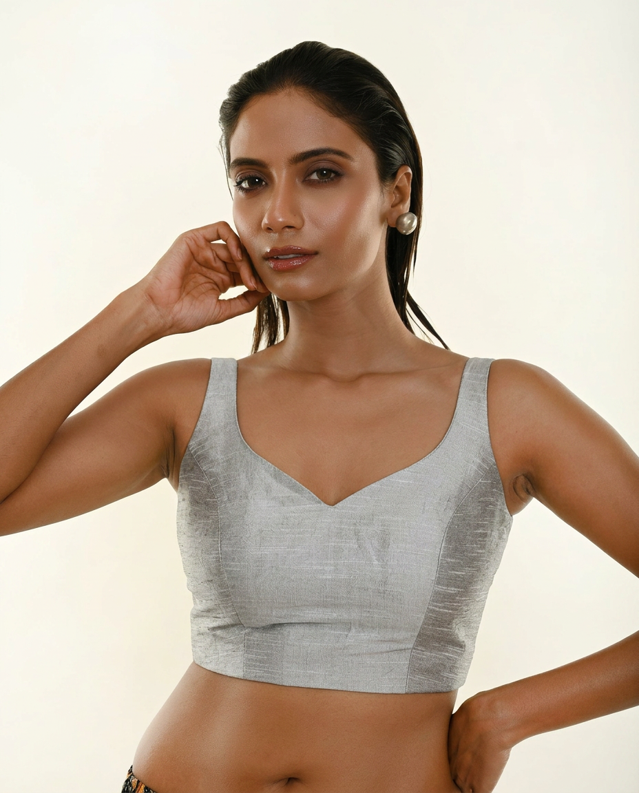 Silver Raw Silk Sweetheart Neckline Sleeveless Blouse full
